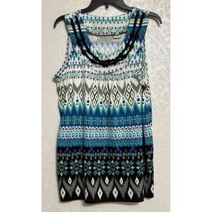 Requirements Sleeveless Blouse Top Blue White Geometric Print Neckline Accent XL